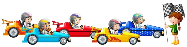 Pięcioro dzieci razem wyścigi samochodowe — Wektor stockowy