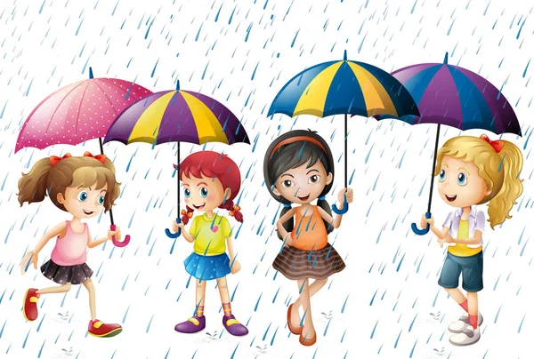 Dört çocuk şemsiye yağmur altında olması ile — Stok Vektör