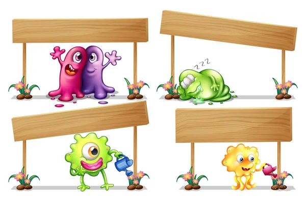 Wooden signs with many monsters — Stock Vector