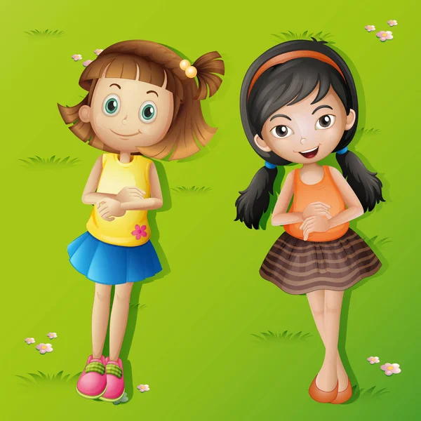 Δύο κορίτσια που κείνται πίσω για την πράσινη χλόη — Διανυσματικό Αρχείο