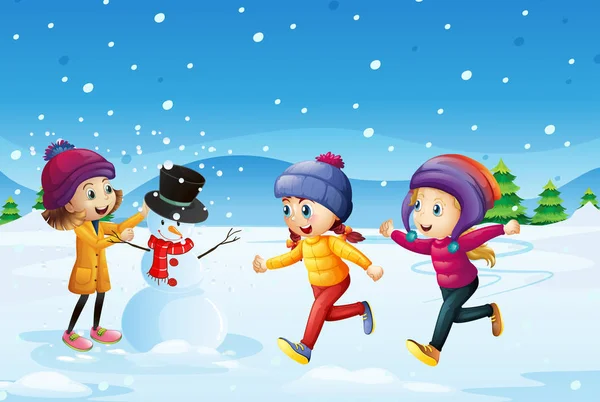 Tre barn spelar snögubbe i fältet snö — Stock vektor