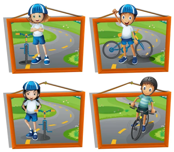 Four frames of kids riding bicycle — Stock Vector