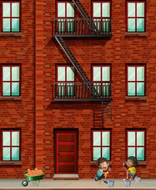 Apartment building scene with boys laying bricks vector