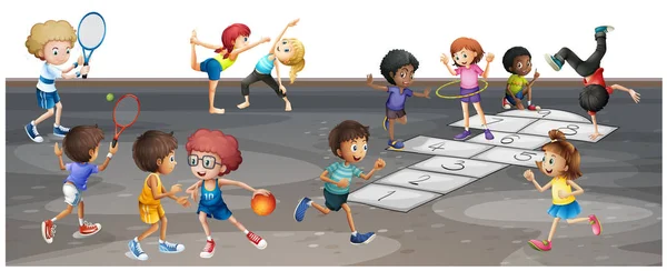 Muchos niños jugando diferentes deportes — Vector de stock