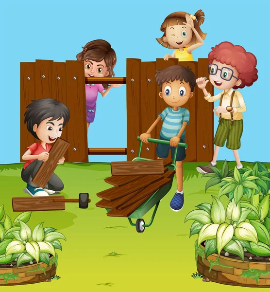 Kinder reparieren Zaun im Garten — Stockvektor