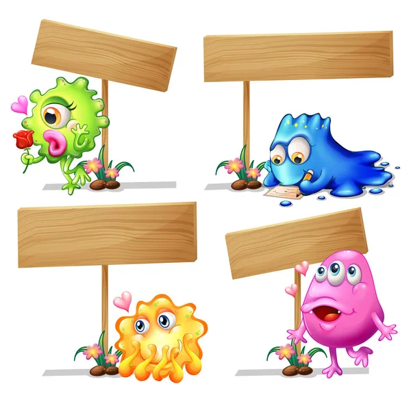 Wooden sign template with monsters — Stock Vector