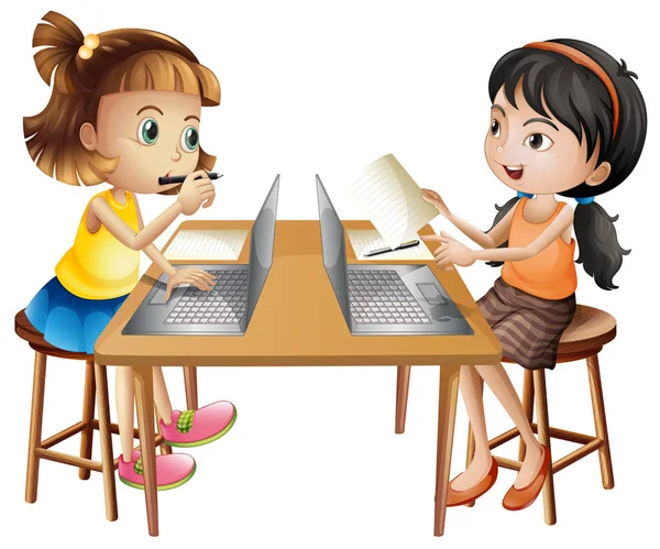Bilgisayarda çalışan iki kız — Stok Vektör
