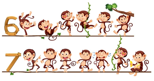 Singes et numéros six et sept — Image vectorielle