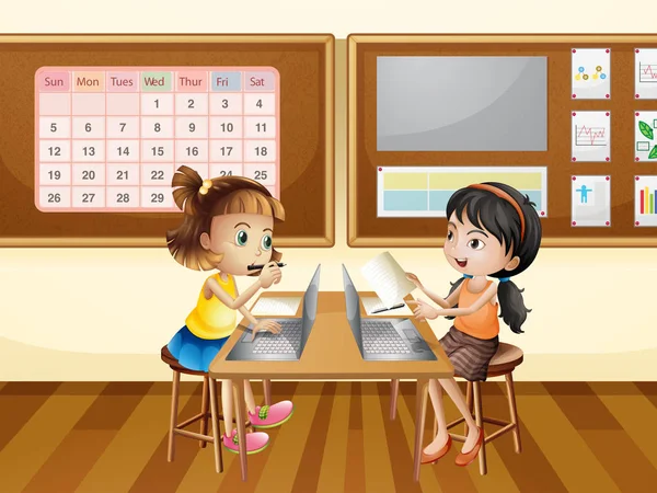 Dos chicas trabajando en la computadora en el aula — Vector de stock