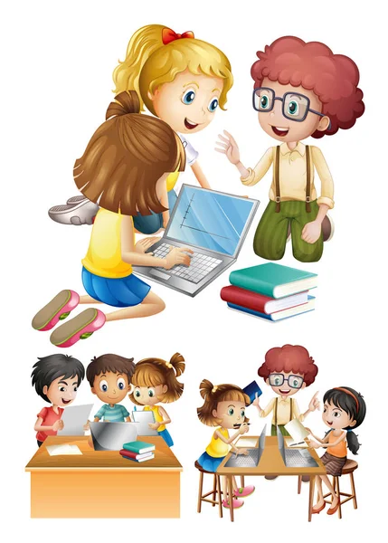 Kids working and studying together — Stock Vector