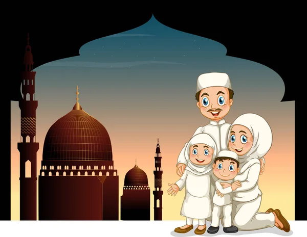 Familia musulmana con fondo de mezquita — Vector de stock