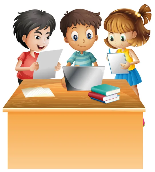 Kids working on computer on the desk — Stock Vector
