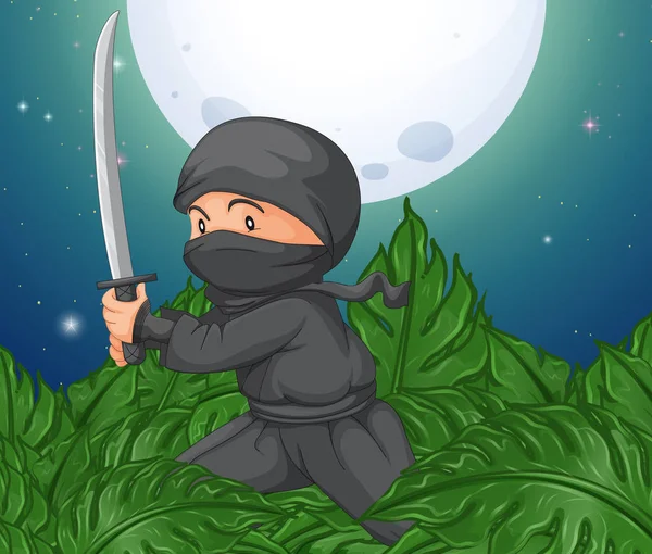 Ninja sosteniendo espada en el arbusto — Vector de stock