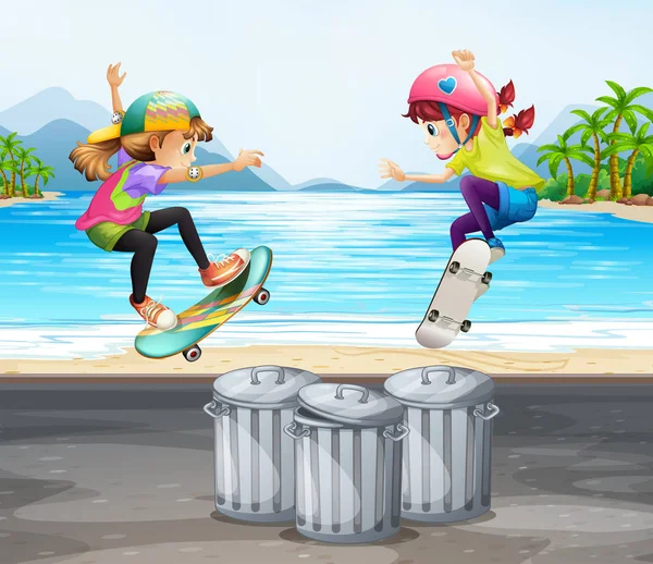 Two girls playing skateboard by the beach