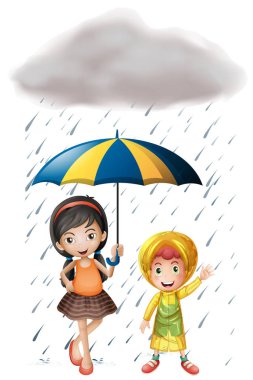 Şemsiye ve yağmurluk yağmur altında iki çocuklu