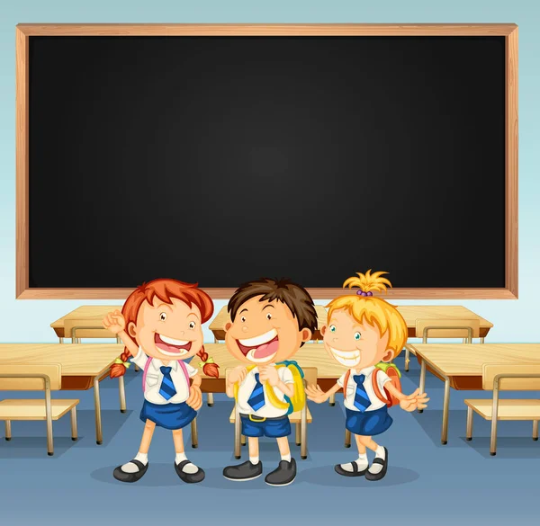 Desenho de moldura com três alunos em sala de aula — Vetor de Stock