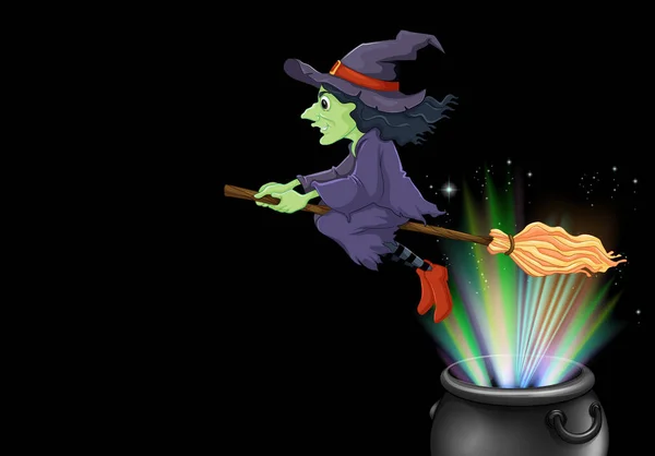 Bruxa voando na vassoura mágica — Vetor de Stock