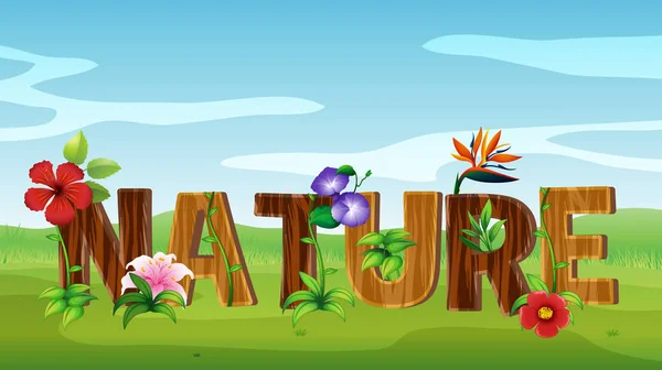 Lettertype ontwerp voor woord natuur met vele bloemen — Stockvector