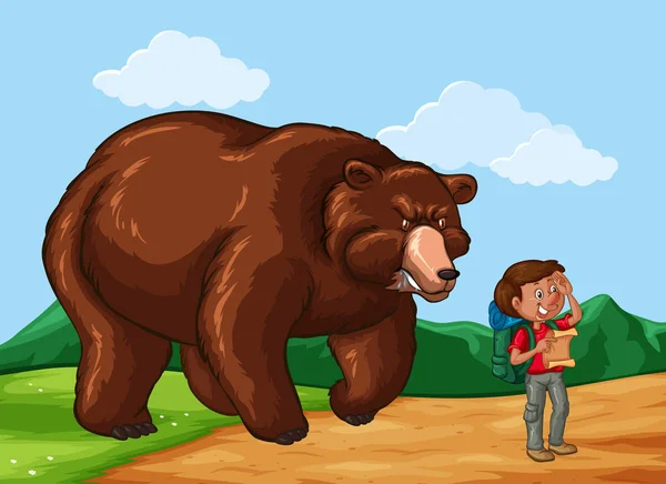 ハイカーとフィールドで大きな熊 — ストックベクタ