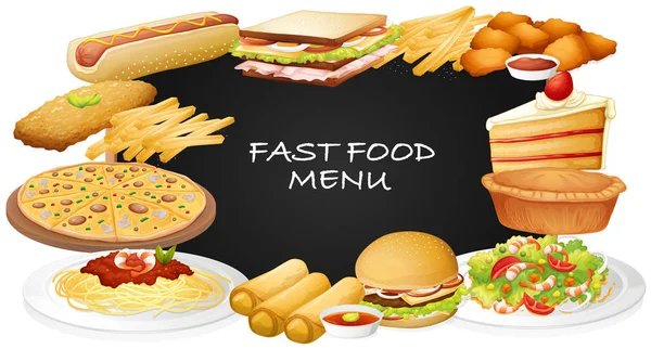 Different kinds of fastfood on menu — Stock Vector