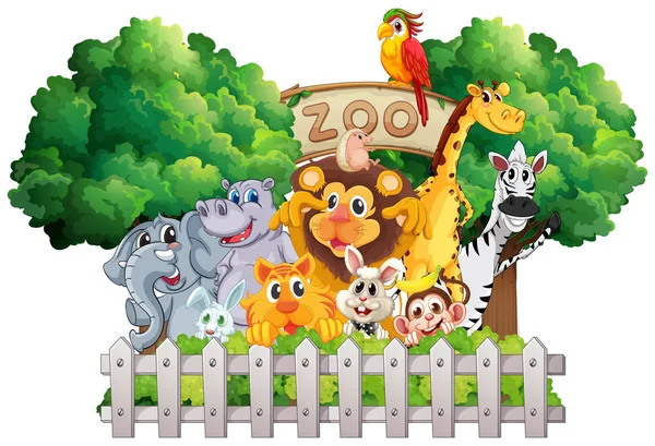 Scene with zoo animals and sign — Stock Vector