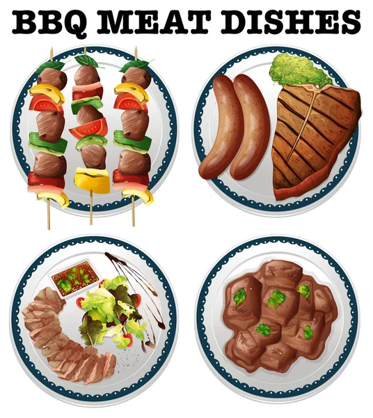 Different bbq meat on the plates — Stock Vector