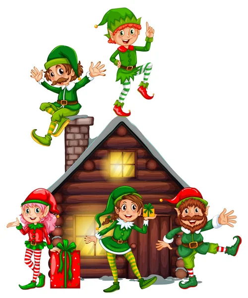 Many elves on the cabin — Stock Vector