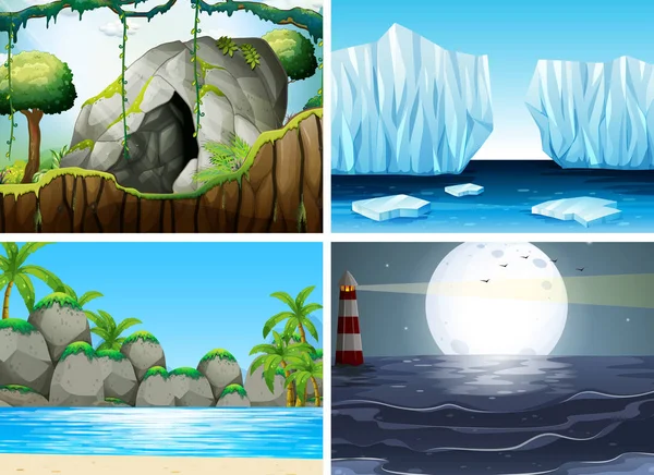 Τέσσερις διαφορετικές σκηνές με τον ωκεανό και moutain — Διανυσματικό Αρχείο