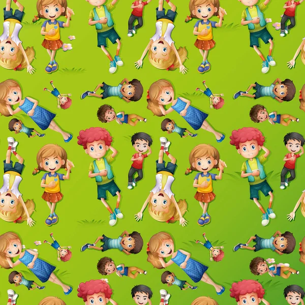 芝生の上の子供たちとのシームレスな背景デザイン — ストックベクタ