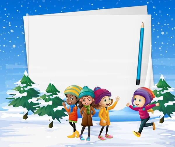 Paper template with kids in snow field