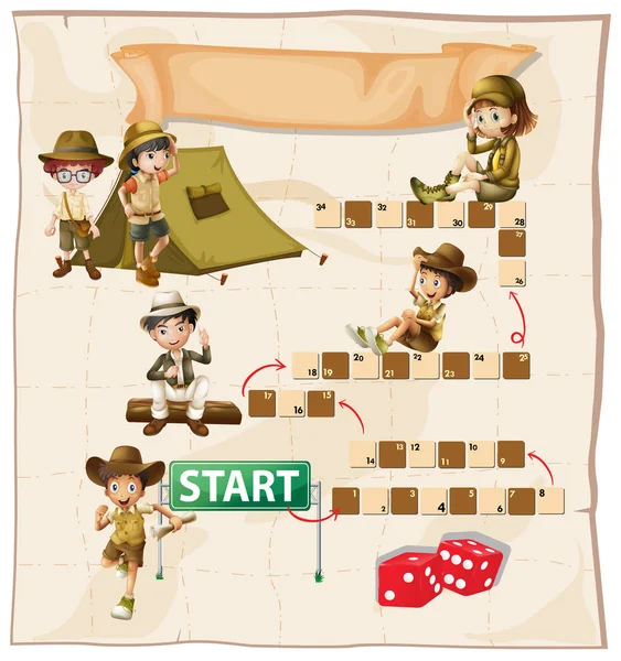 Boardgame template with kids camping out — Stock Vector