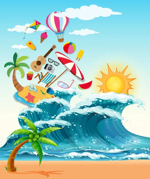 Summer theme with big waves and sunshine — Stock Vector