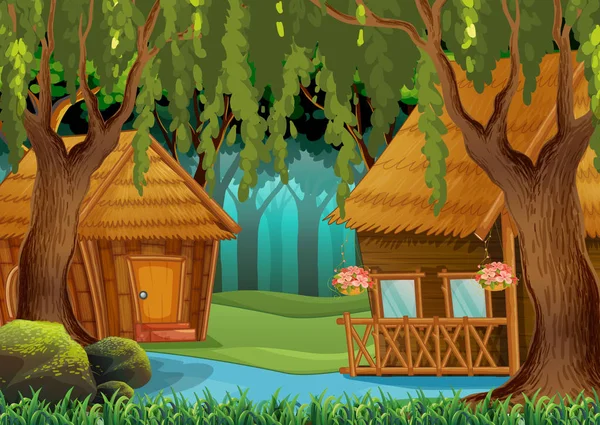 Cabanes en bois dans la forêt — Image vectorielle