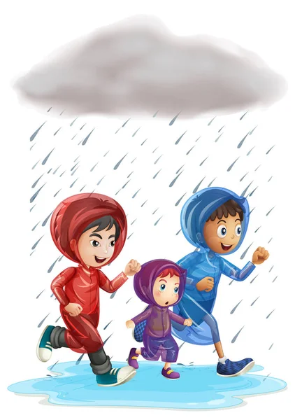 Drie kinderen lopen in de regen — Stockvector