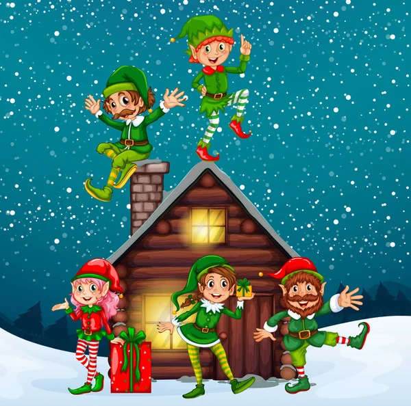 Five elves at the wood cabin on christmas night — Stock Vector