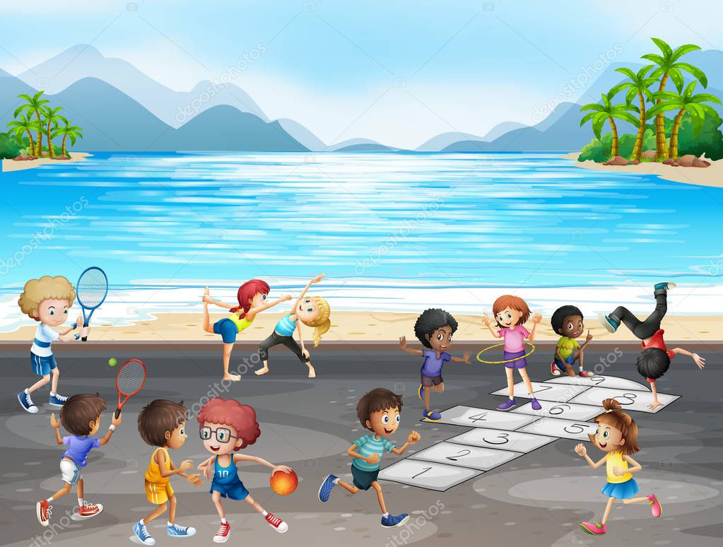 Kids playing different kinds of sports by the sea illustration premium 