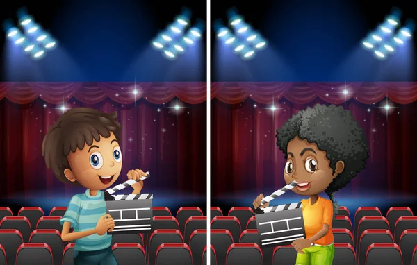 Scena con ragazzo e ragazza con lavagna battente in teatro — Vettoriale Stock