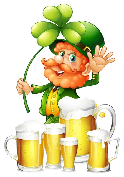 Leprecauno e birra fresca in tazze — Vettoriale Stock