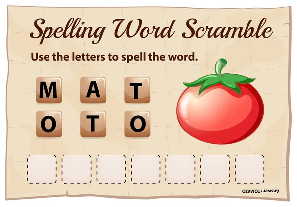 Modelo de scramble palavra ortográfica com palavra tomate —  Vetores de Stock