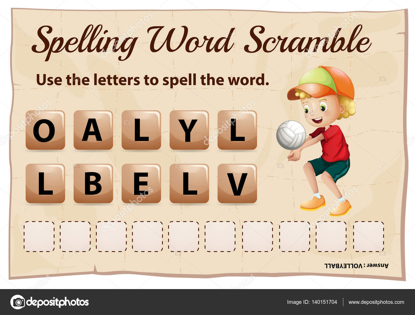 Spelling word scramble template with word volleyball Stock Vector Image