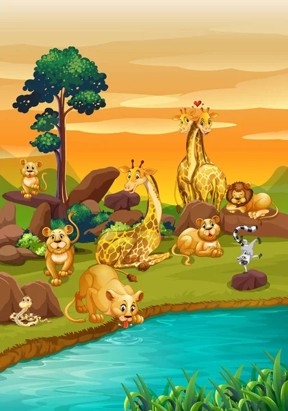Scène de rivière avec de nombreux animaux sauvages — Image vectorielle