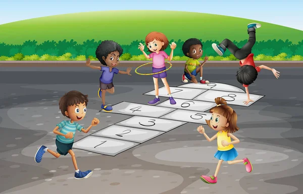Muitas crianças brincando de hopscotch no parque — Vetor de Stock