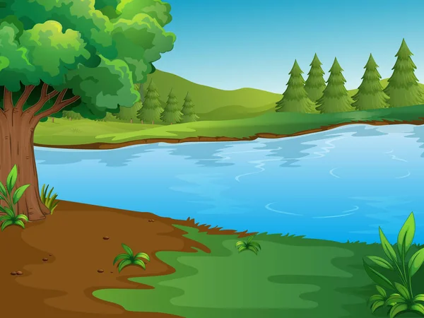 Scène de rivière avec arbres et collines — Image vectorielle
