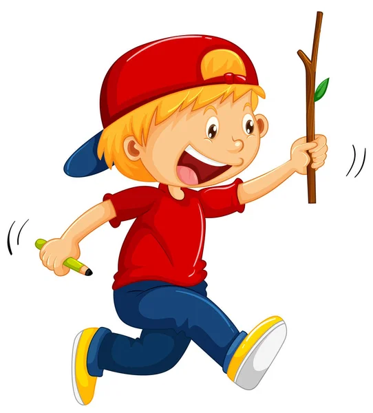 Boy running with stick and pencil in hands — Stock Vector