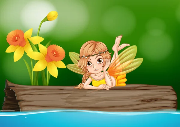 Cute fairy sitting on wooden log — Stock Vector