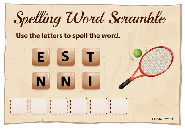 Ortografía palabra scramble juego plantilla con palabra tenis — Archivo Imágenes Vectoriales