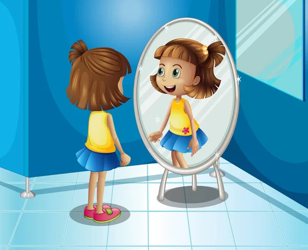 Chica feliz mirando el espejo en el baño — Vector de stock