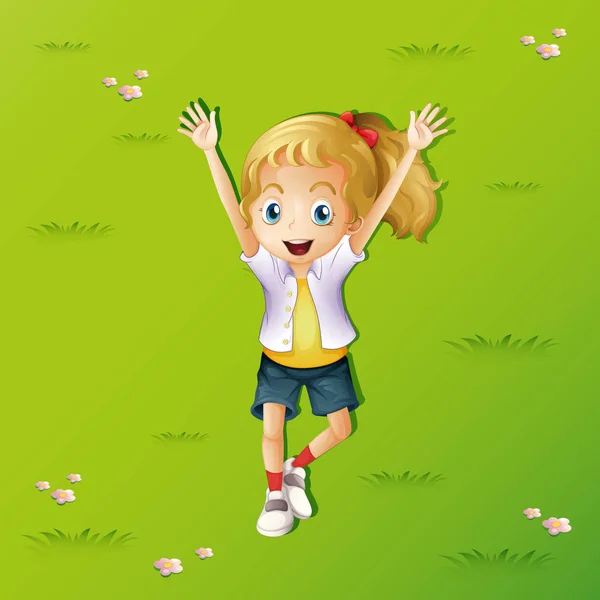 Girl lying on grass with two hands up — Stock Vector