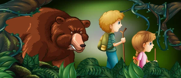 Two kids hiking in deep forest with bear behind — Stock Vector