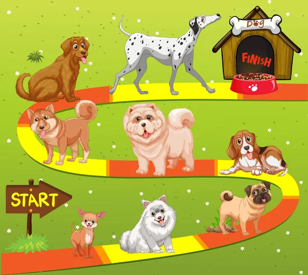 Spielvorlage mit vielen Hunden im Feld — Stockvektor